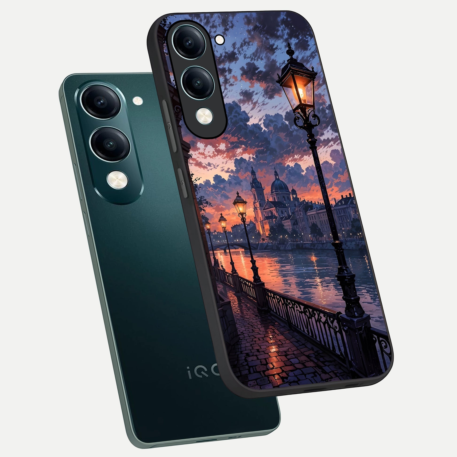  Twilight River Lights phone case for iQOO Z10 Lite showing premium glass back cover with detailed artwork