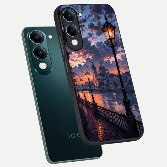  Twilight River Lights phone case for iQOO Z10 Lite showing premium glass back cover with detailed artwork