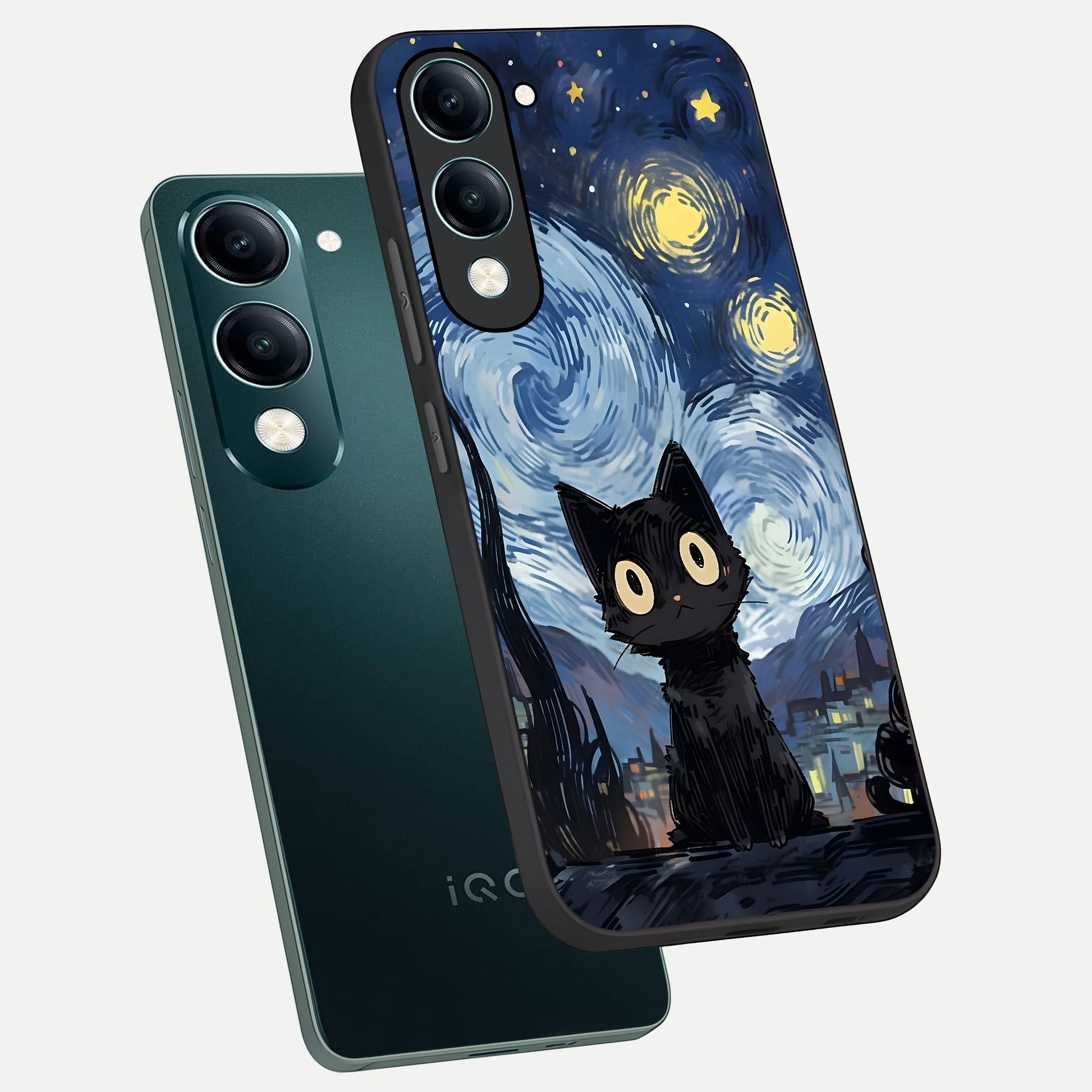 Van Gogh Cat phone case for iQOO Z10 Lite showing premium glass back cover with detailed artwork