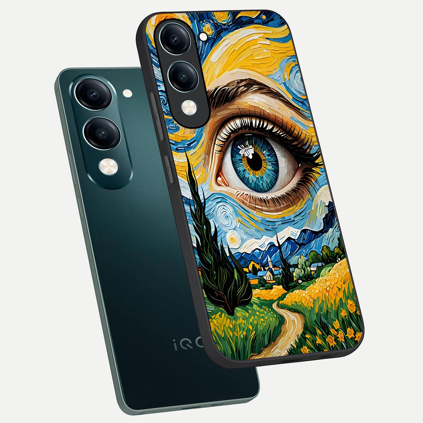  Van Gogh Eye phone case for iQOO Z10 Lite showing premium glass back cover with detailed artwork