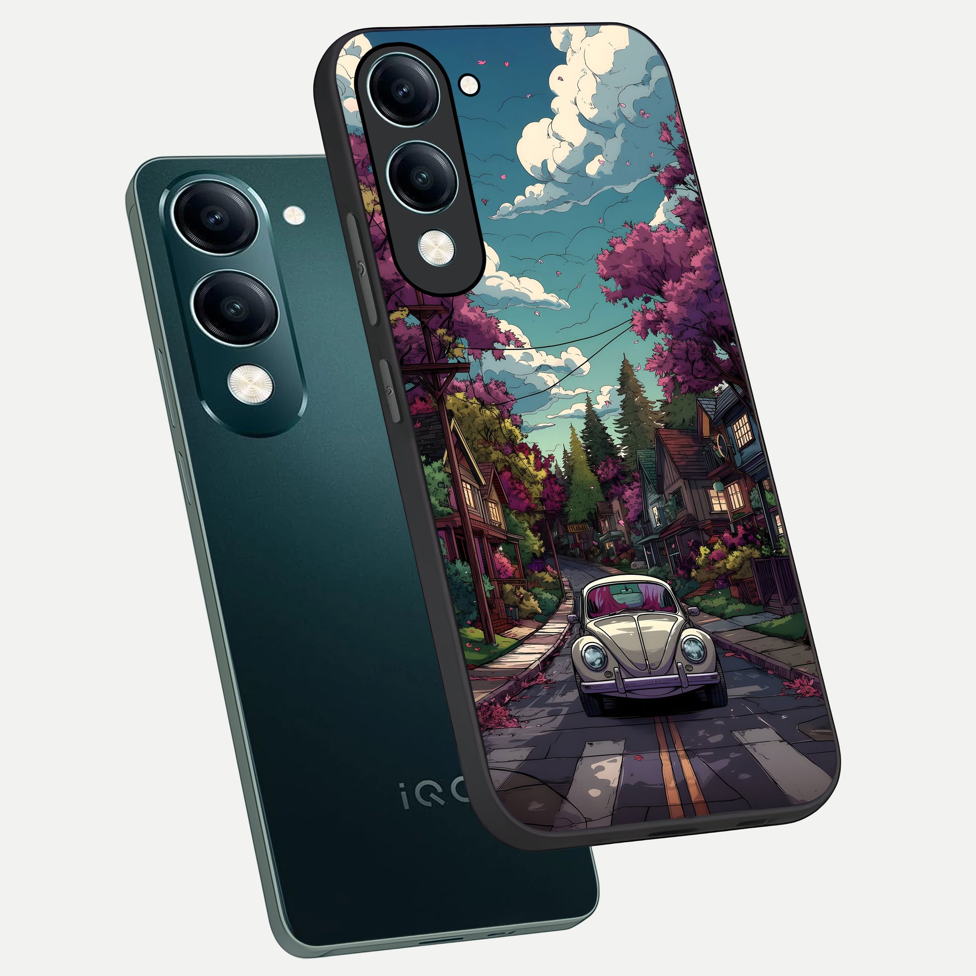  Vintage Street Drive phone case for iQOO Z10 lite showing premium glass back cover with detailed artwork