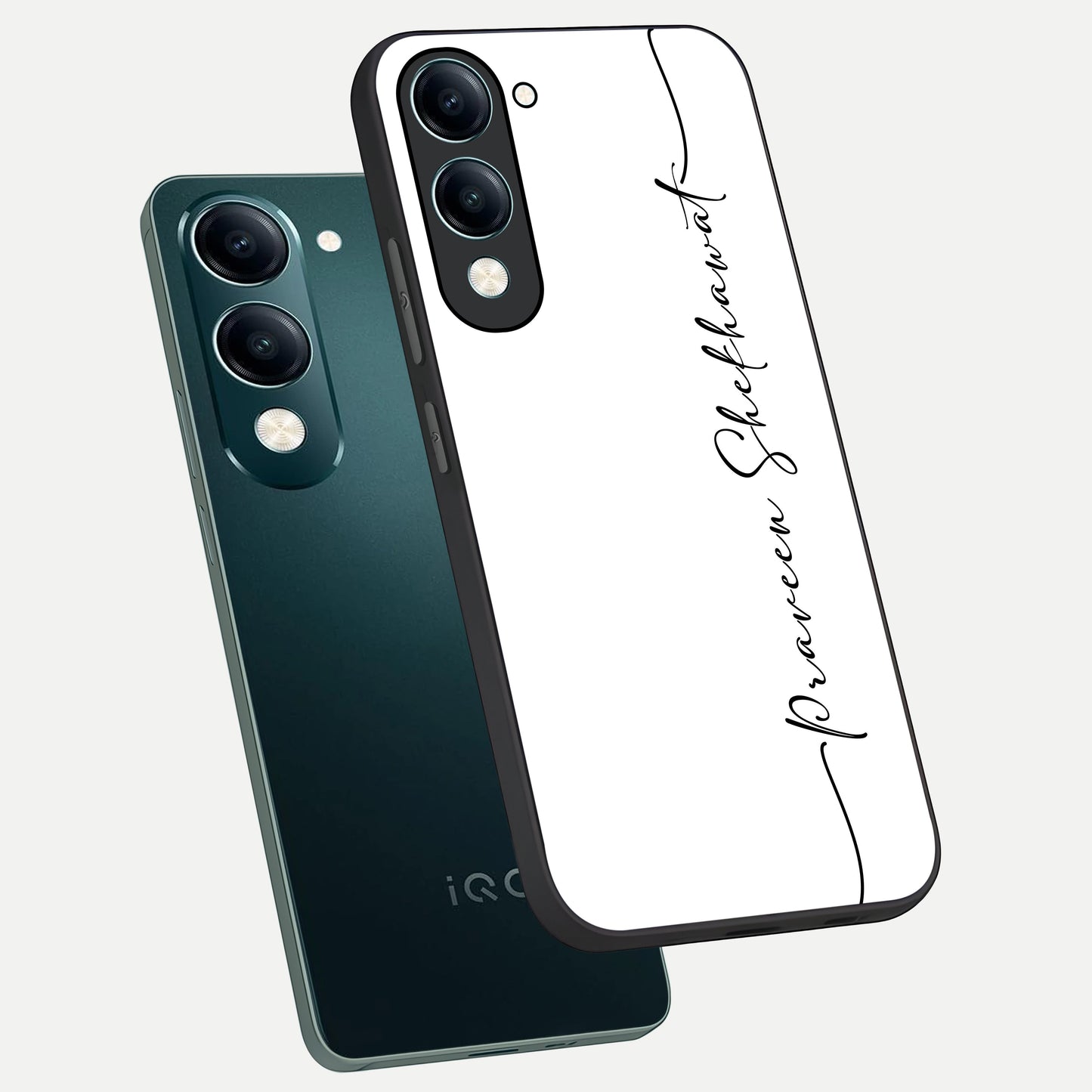  White Tune Custom Name phone case for iQOO Z10 lite showing premium custom name glass back cover