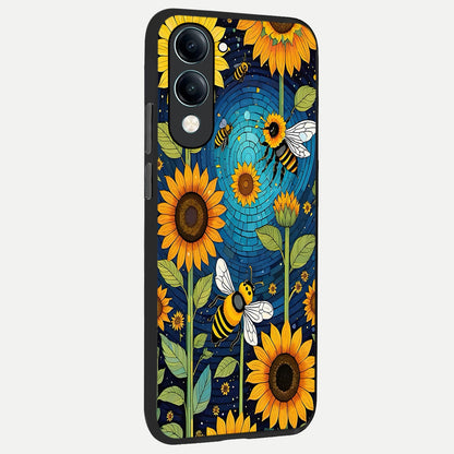  Bees And Sunflowers back cover for iQOO Z10 Lite slim fit glass case with vibrant aesthetic design