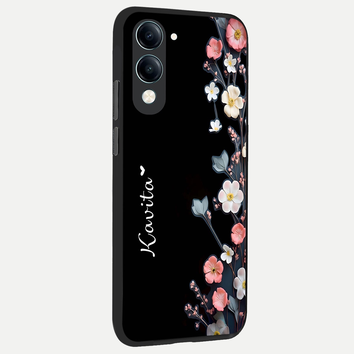  Black Elegance Floral Custom Name back cover for iQOO Z10 Lite slim fit glass case with vibrant aesthetic design