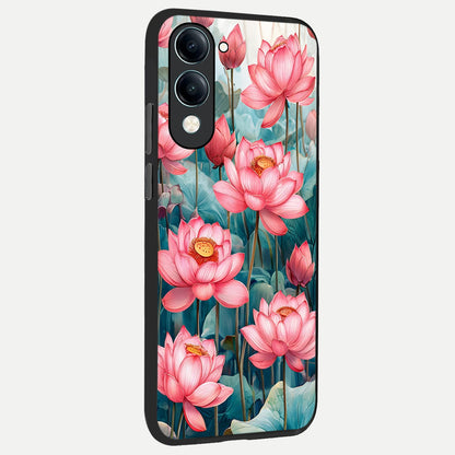  Celestial Pink Lotus back cover for iQOO Z10 Lite slim fit glass case with vibrant aesthetic design