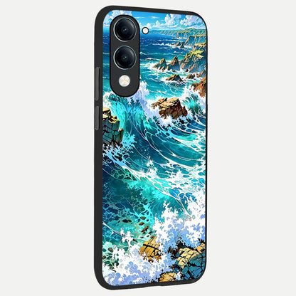  Coastal Blue Waves back cover for iQOO Z10 lite slim fit glass case with vibrant aesthetic design