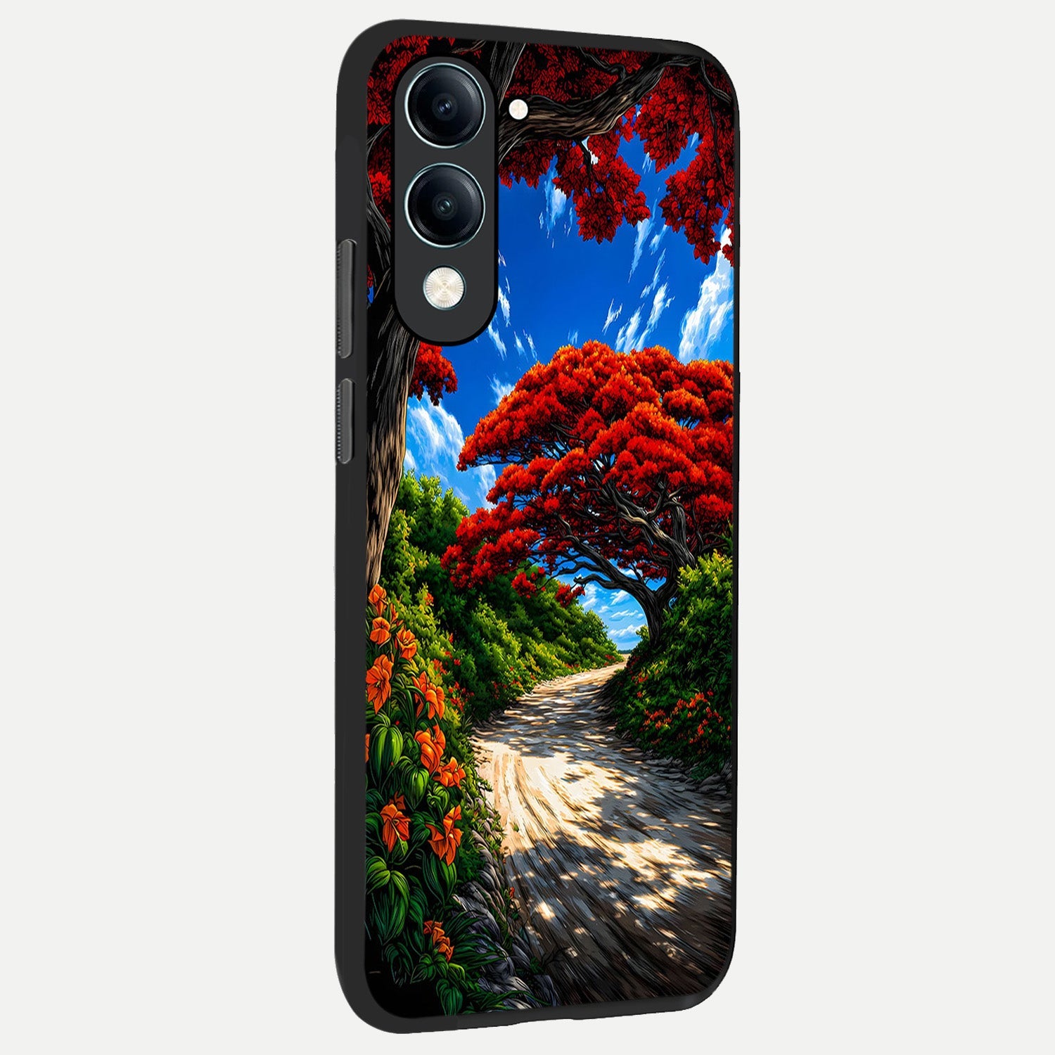  Red Trees Pathway back cover for iQOO Z10 lite slim fit glass case with vibrant aesthetic design