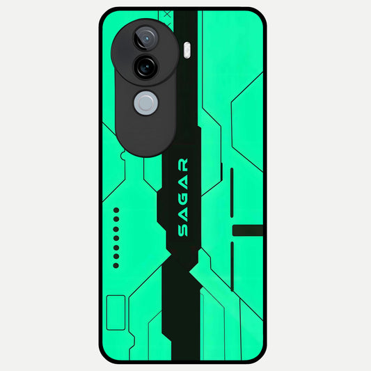  Aqua Tech CYBERPUNK Custom Name Glass Case for iQOO Z9s back cover – full design glossy printed glass finish