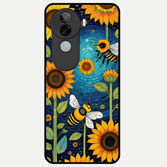  Bees And Sunflowers Glass Case for iQOO Z9s back cover – full design glossy printed glass finish