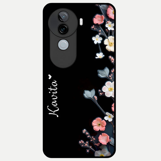  Black Elegance Floral Custom Name Glass Case for iQOO Z9s back cover – full design glossy printed glass finish
