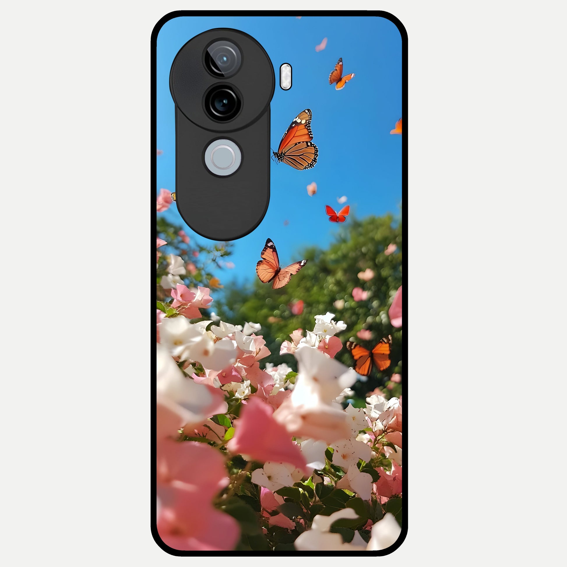  Butterflies In Bloom Sky Glass Case for iQOO Z9s back cover – full design glossy printed glass finish