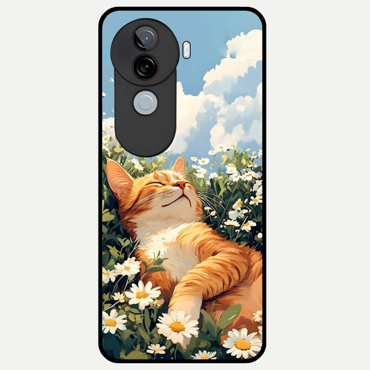  Cat And Flowers View Glass Case for iQOO Z9s back cover – full design glossy printed glass finish