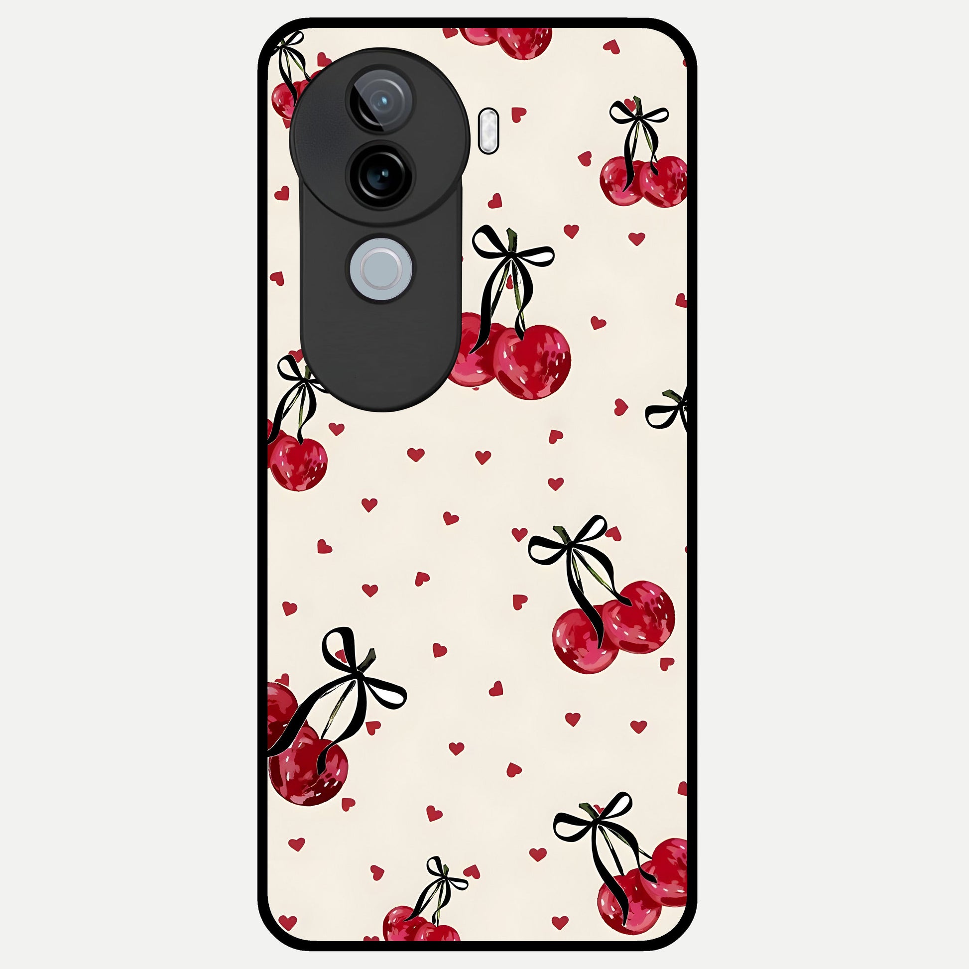  Cherry Heart Bow Glass Case for iQOO Z9s back cover – full design glossy printed glass finish