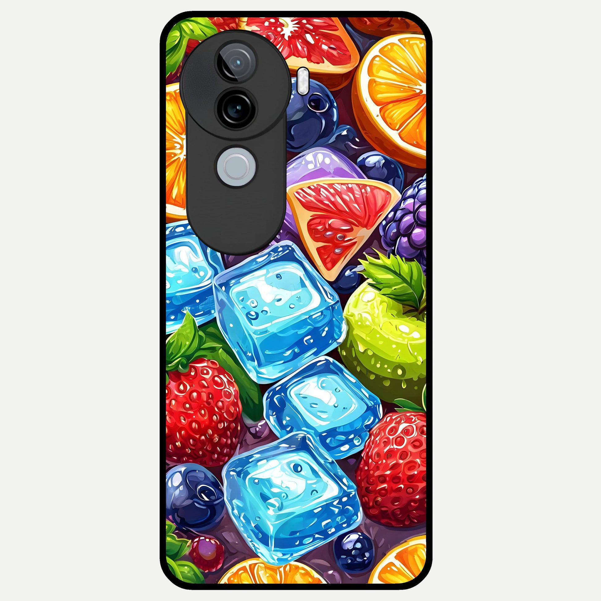  Colorful Fruits with Ice Glass Case for iQOO Z9s back cover – full design glossy printed glass finish
