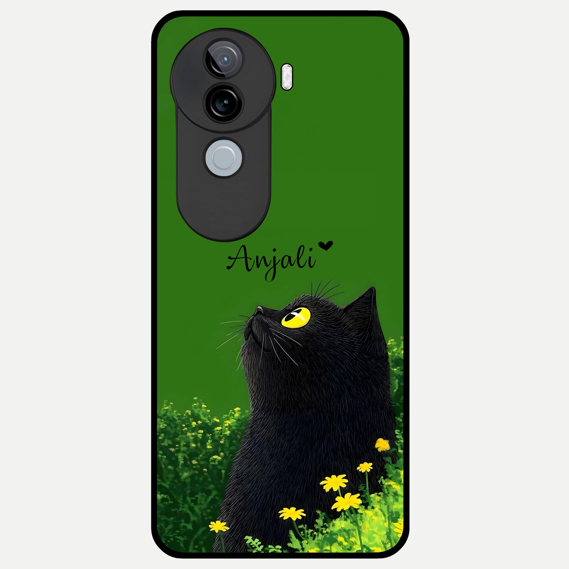  Emerald Cat Custom Name Glass Case for iQOO Z9s back cover – full design glossy printed glass finish