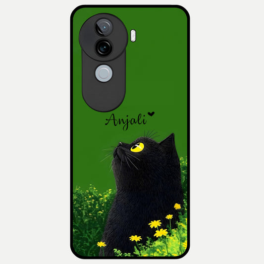  Emerald Cat Custom Name Glass Case for iQOO Z9s back cover – full design glossy printed glass finish