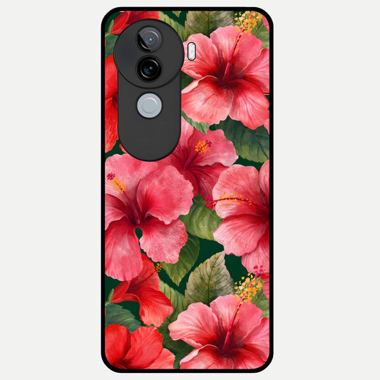  Hibiscus Pattern Glass Case for iQOO Z9s back cover – full design glossy printed glass finish