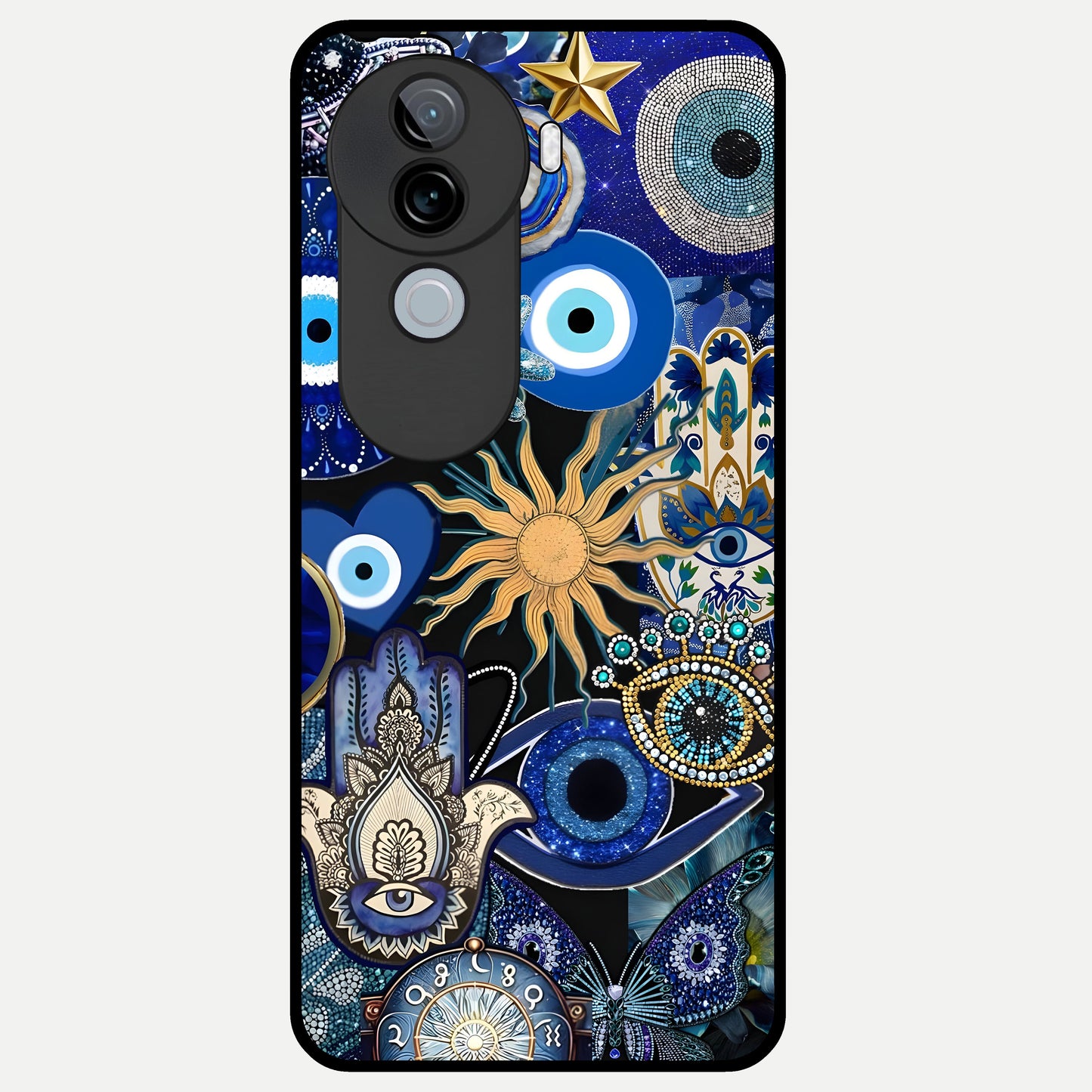  Mystic Blue Evil Eye Glass Case for iQOO Z9s back cover – full design glossy printed glass finish