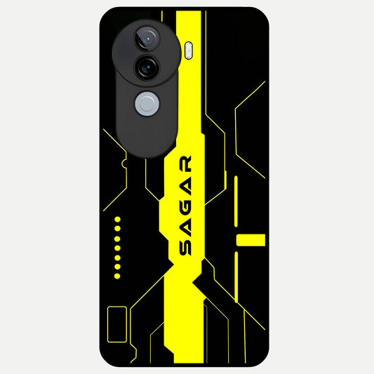  Neon CYBERPUNK Custom Name Glass Case for iQOO Z9s back cover – full design glossy printed glass finish