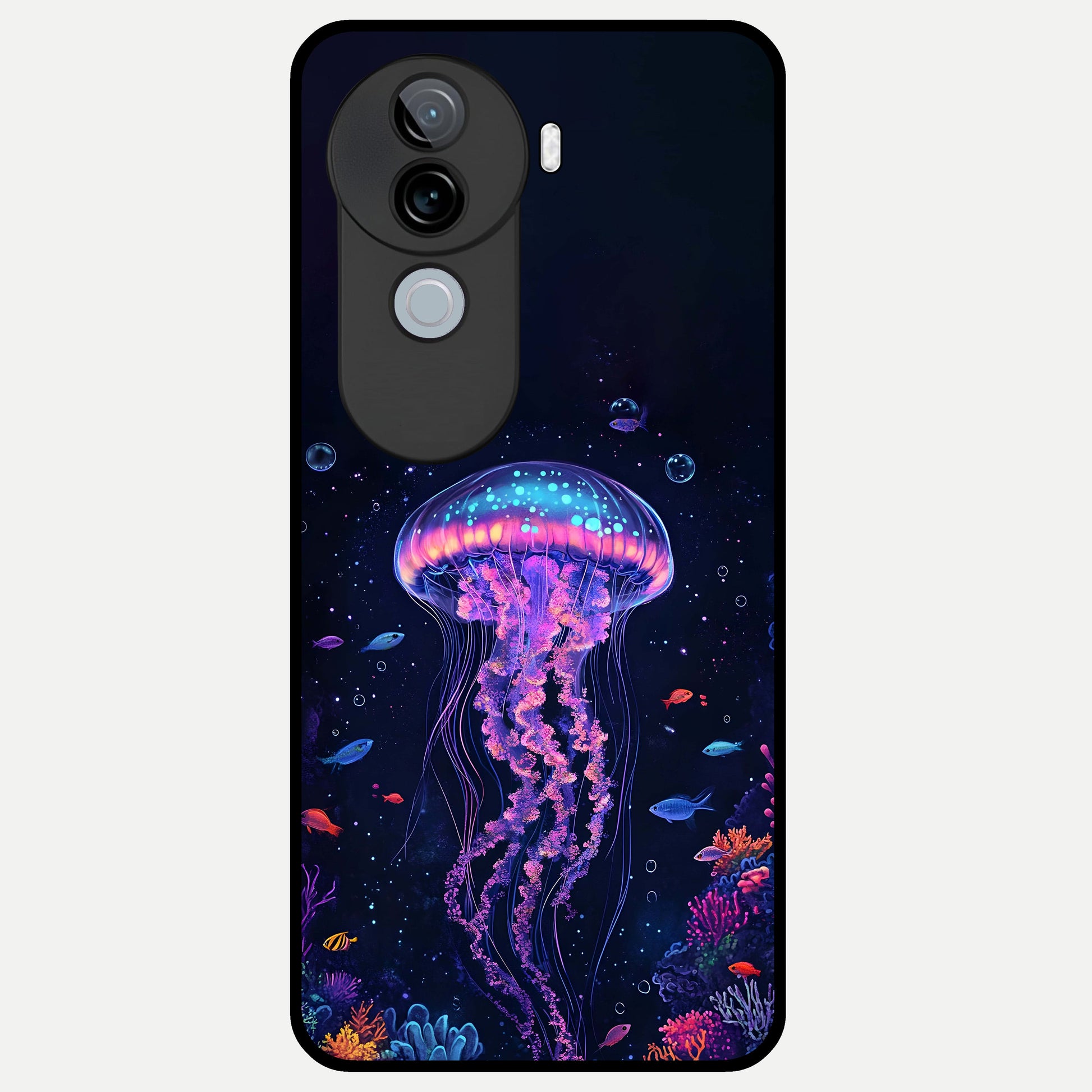 Neon Jellyfish Glass Case for iQOO Z9s back cover – full design glossy printed glass finish
