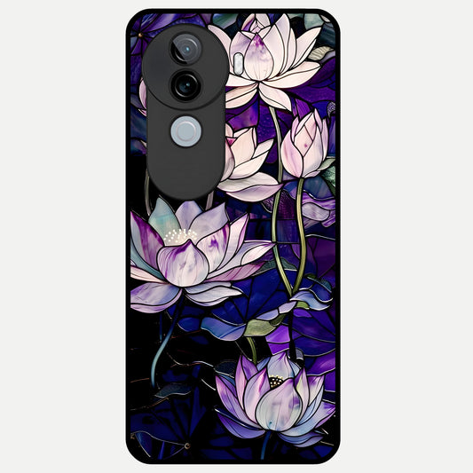  Purple Lotus Pattern Glass Case for iQOO Z9s back cover – full design glossy printed glass finish