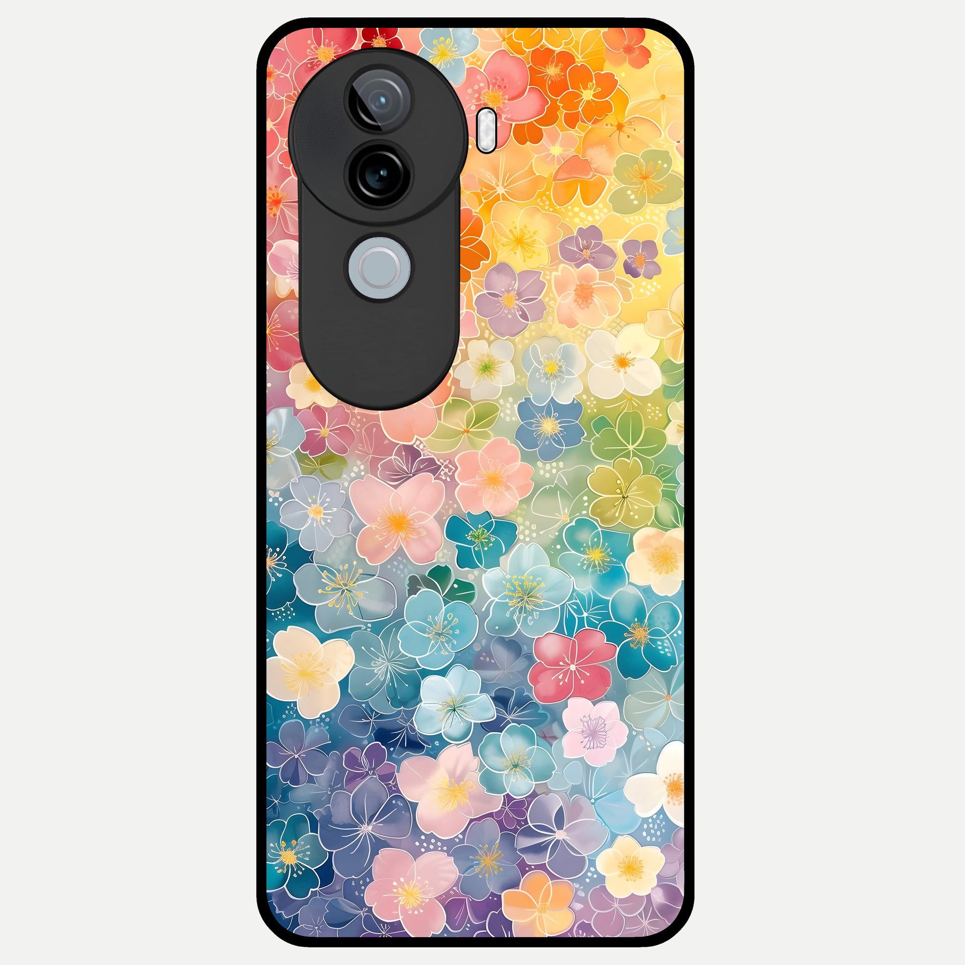  Rainbow Blossom Burst Glass Case for iQOO Z9s back cover – full design glossy printed glass finish
