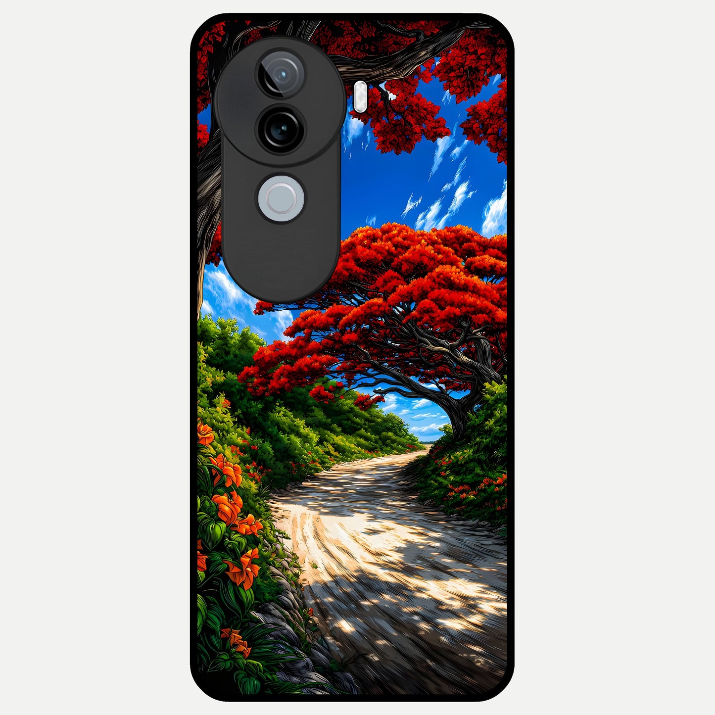  Red Trees Pathway Glass Case for iQOO Z9s back cover – full design glossy printed glass finish