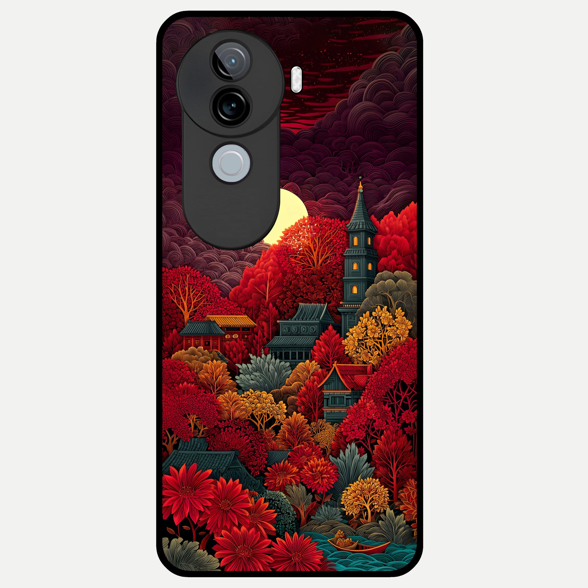  Scarlet Autumn Temple Glass Case for iQOO Z9s back cover – full design glossy printed glass finish