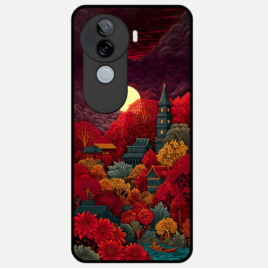  Scarlet Autumn Temple Glass Case for iQOO Z9s back cover – full design glossy printed glass finish