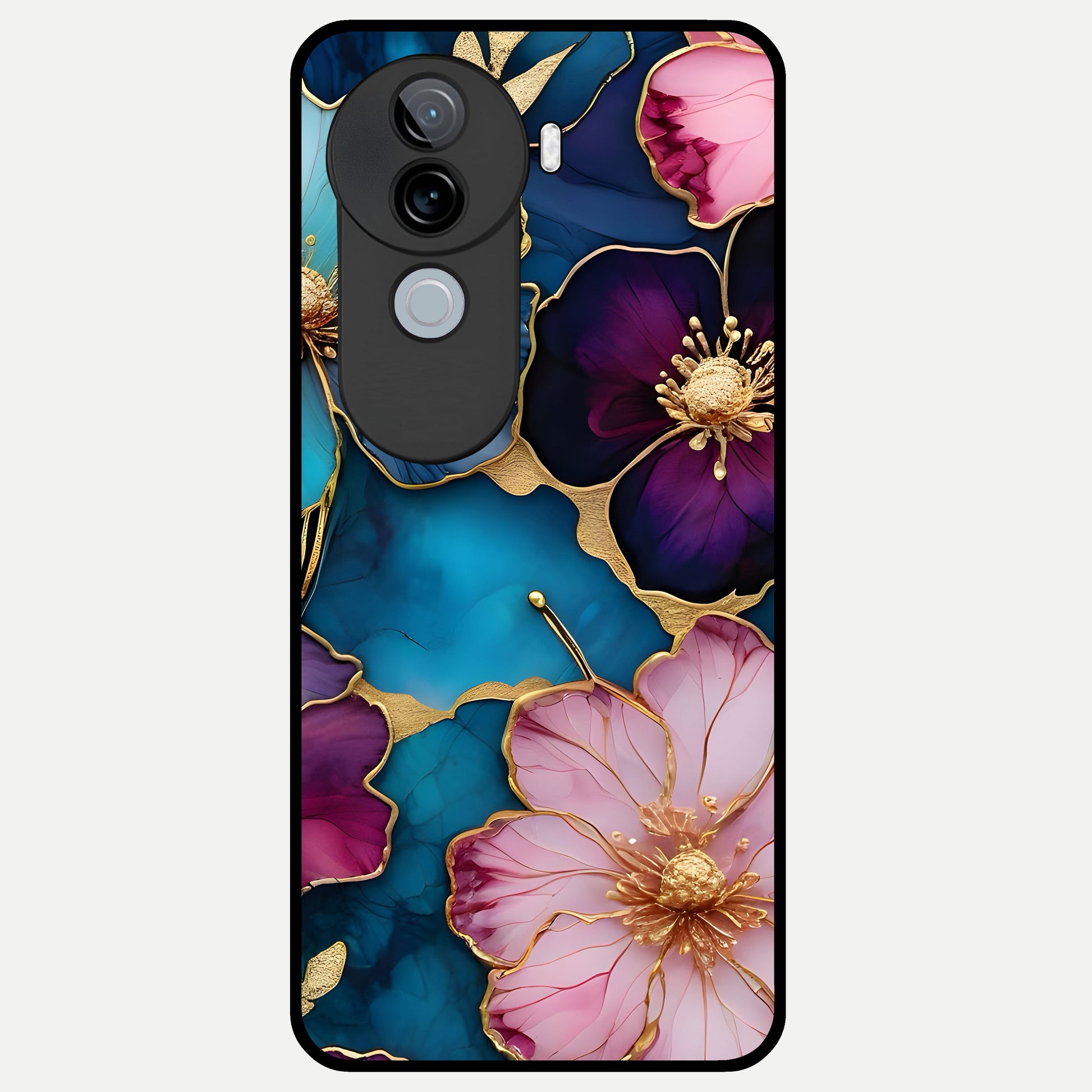 Sparkle Floral Glass Case for iQOO Z9s back cover – full design glossy printed glass finish