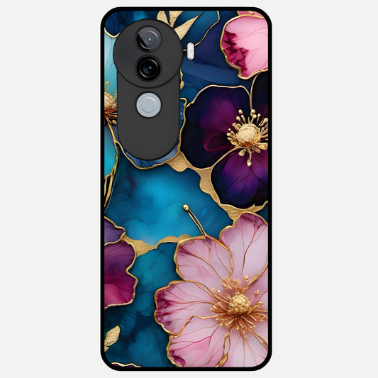  Sparkle Floral Glass Case for iQOO Z9s back cover – full design glossy printed glass finish