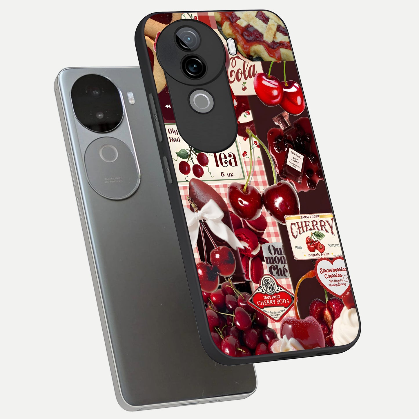 Aesthetic Cherry Tea phone case for iQOO Z9s showing premium glass back cover with detailed artwork