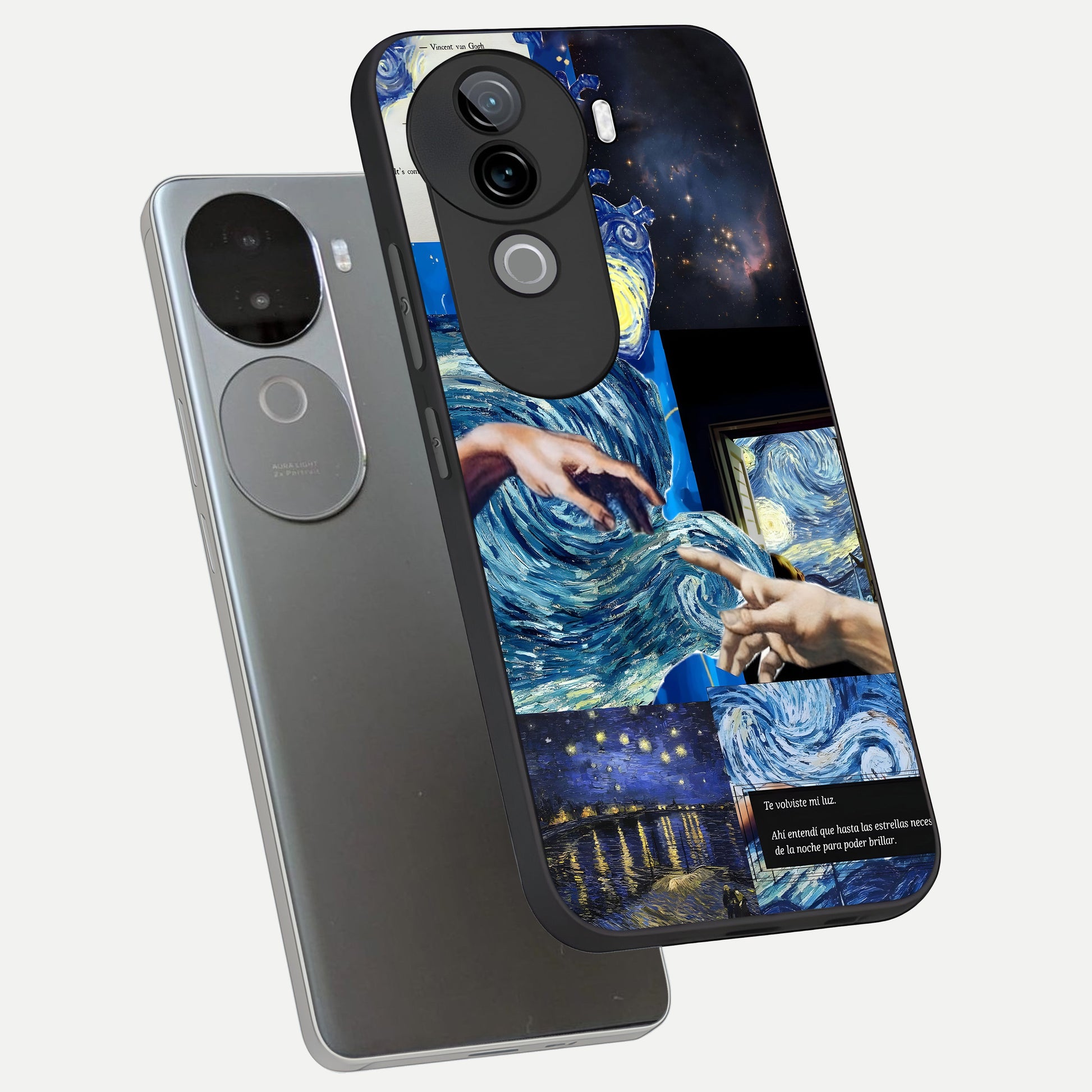  Aesthetic Vando Hands phone case for iQOO Z9s showing premium glass back cover with detailed artwork