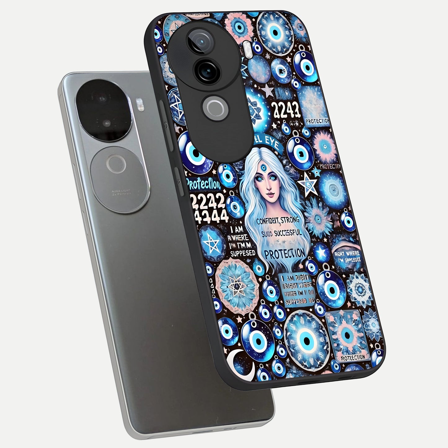  Angel Aura Shield phone case for iQOO Z9s showing premium glass back cover with detailed artwork