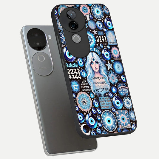 Angel Aura Shield phone case for iQOO Z9s showing premium glass back cover with detailed artwork