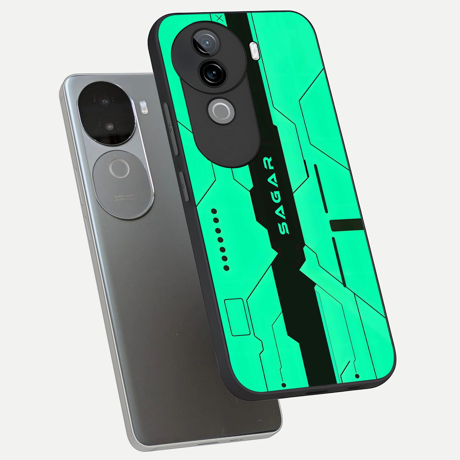  Aqua Tech CYBERPUNK Custom Name phone case for iQOO Z9s showing premium glass back cover with detailed artwork