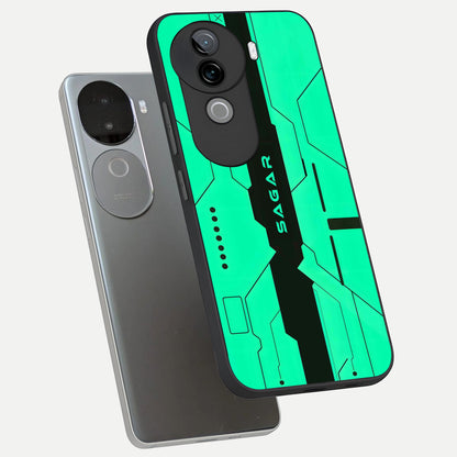  Aqua Tech CYBERPUNK Custom Name phone case for iQOO Z9s showing premium glass back cover with detailed artwork