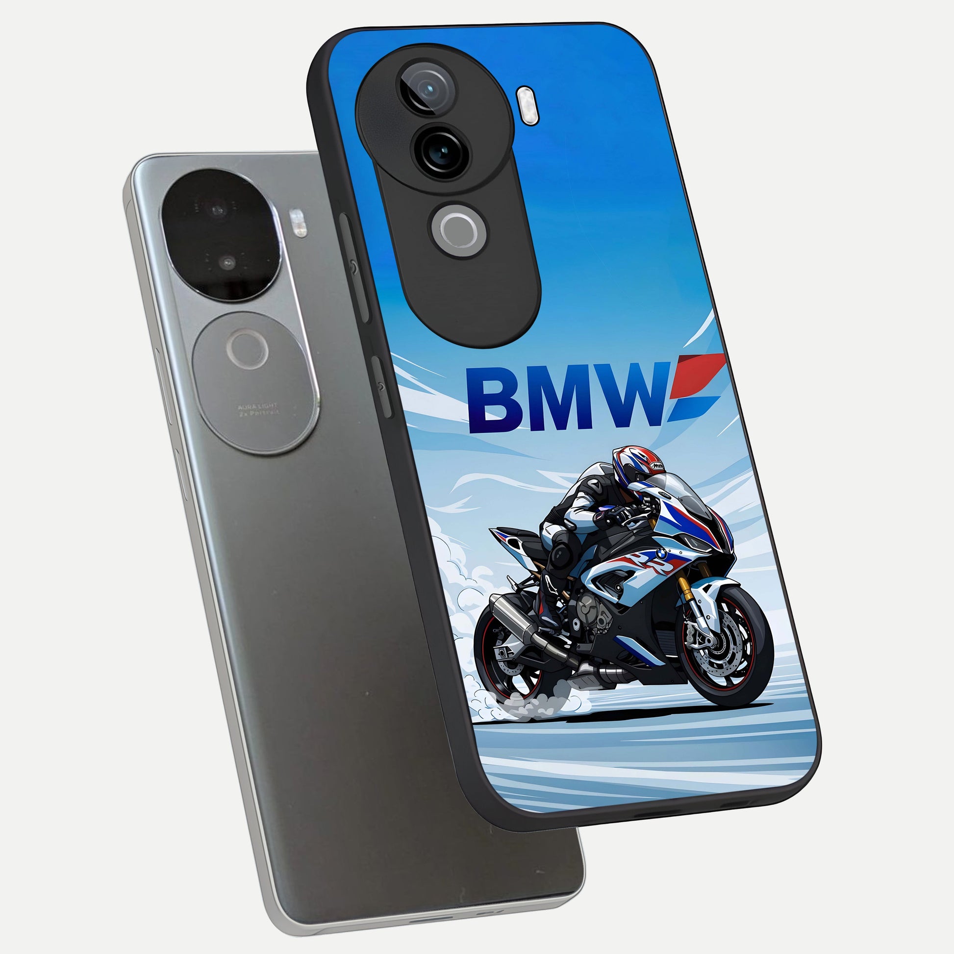  BMW Power Drift phone case for iQOO Z9s showing premium glass back cover with detailed artwork