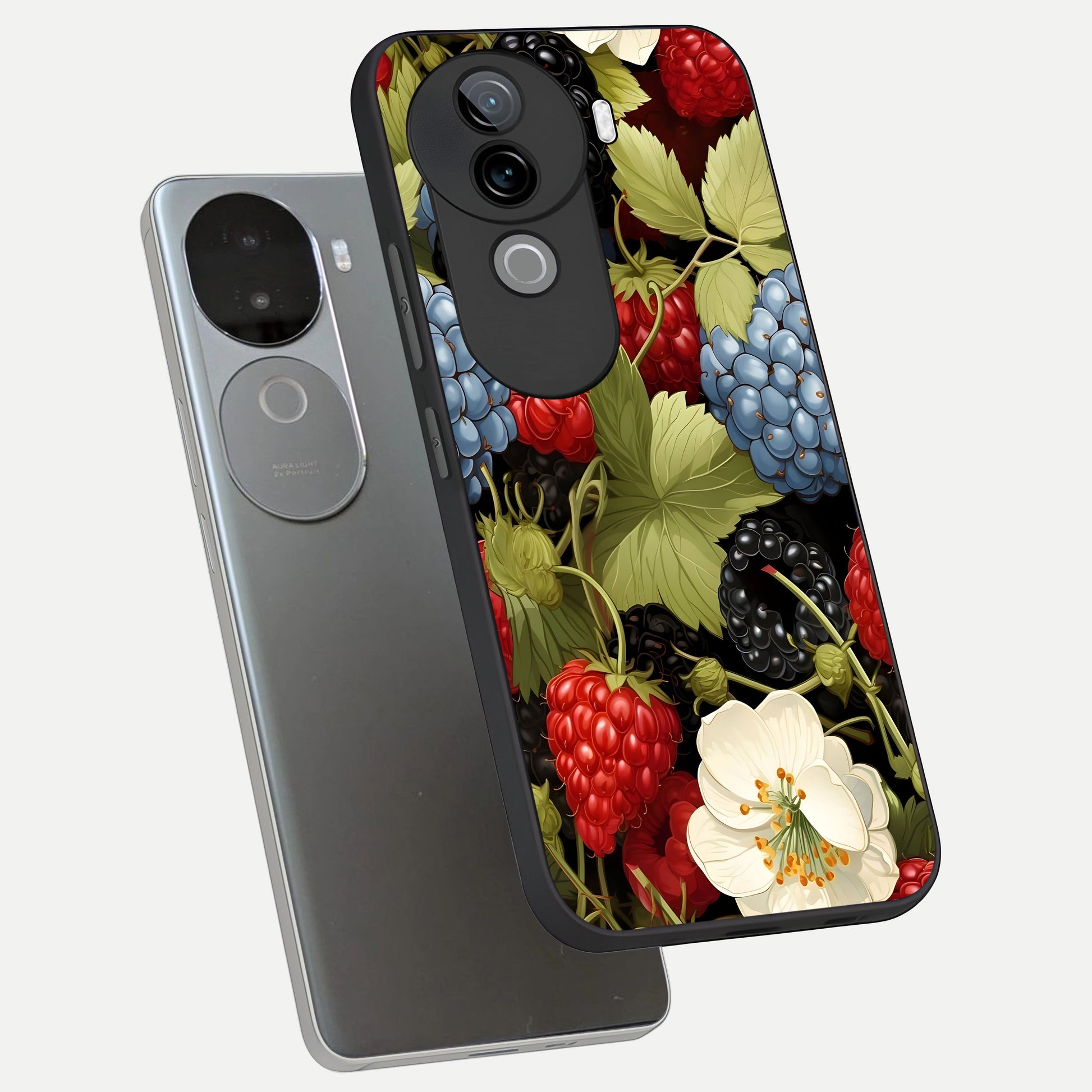  Berry Bloom Charm phone case for iQOO Z9s showing premium glass back cover with detailed artwork