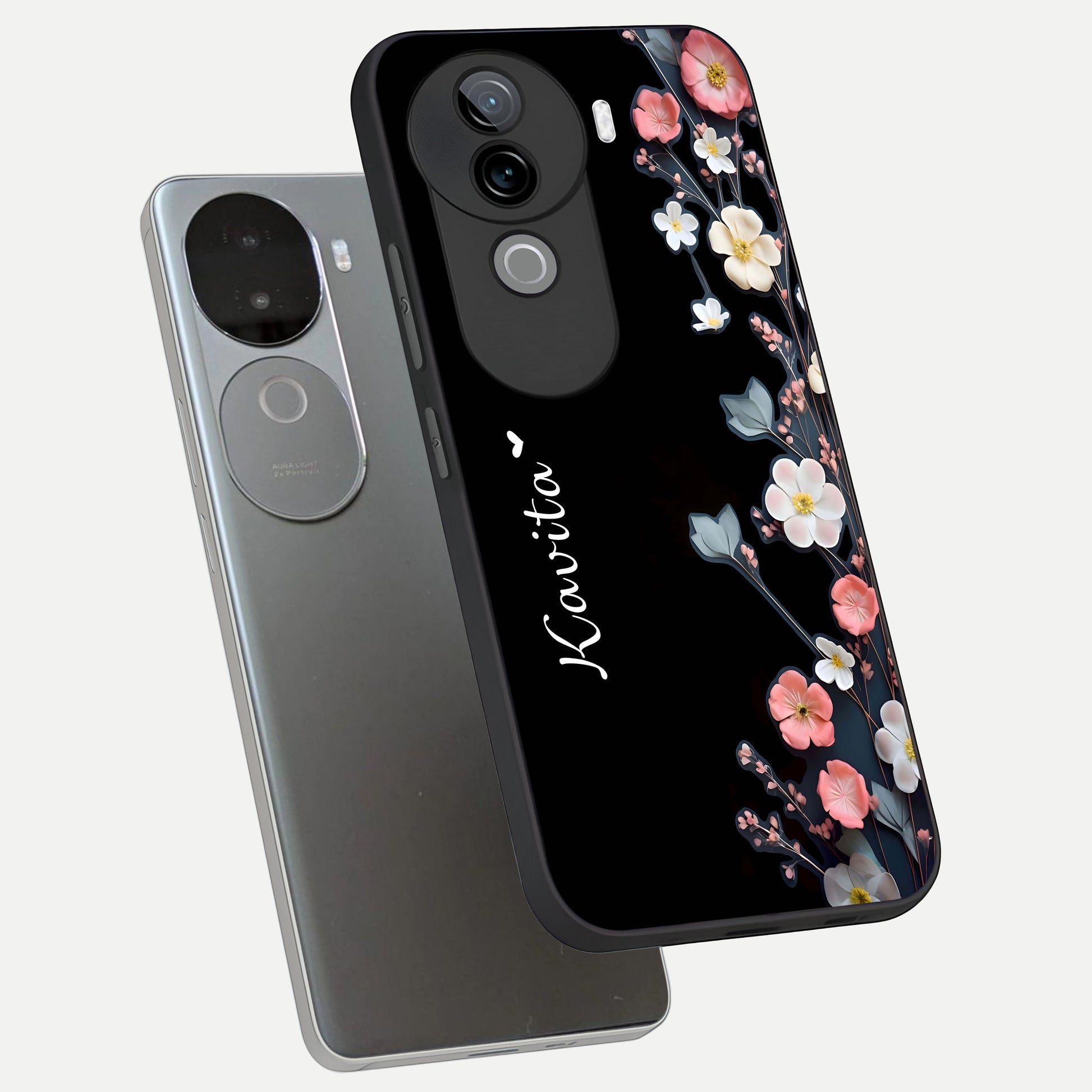  Black Elegance Floral Custom Name phone case for iQOO Z9s showing premium glass back cover with detailed artwork