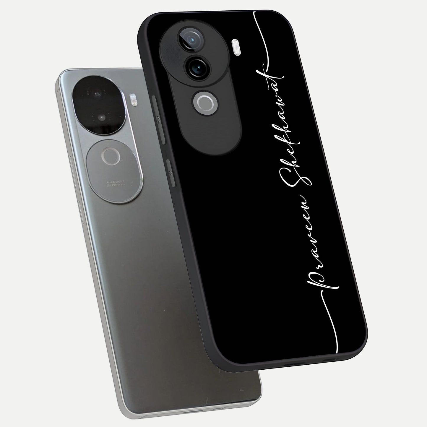  Black Tune Custom Name phone case for iQOO Z9s showing premium glass back cover with detailed artwork
