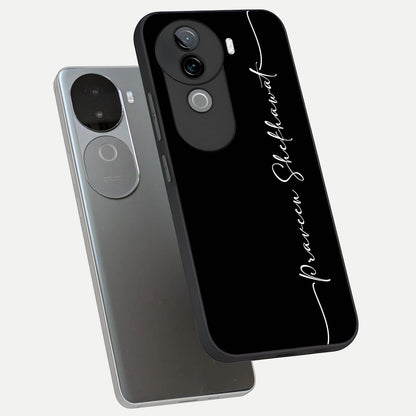  Black Tune Custom Name phone case for iQOO Z9s showing premium glass back cover with detailed artwork