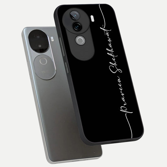  Black Tune Custom Name phone case for iQOO Z9s showing premium glass back cover with detailed artwork