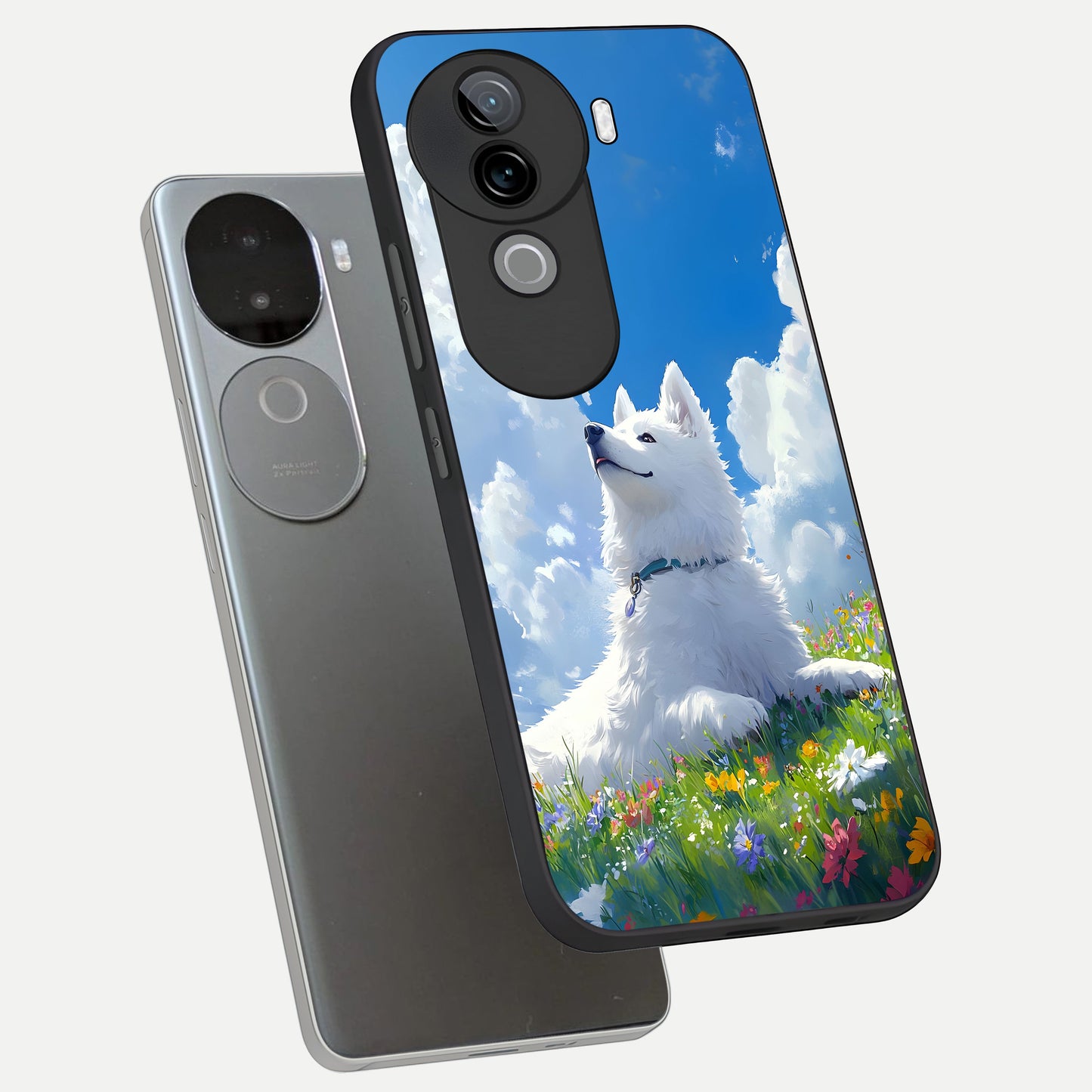  Blissful Cloud Pup phone case for iQOO Z9s showing premium glass back cover with detailed artwork
