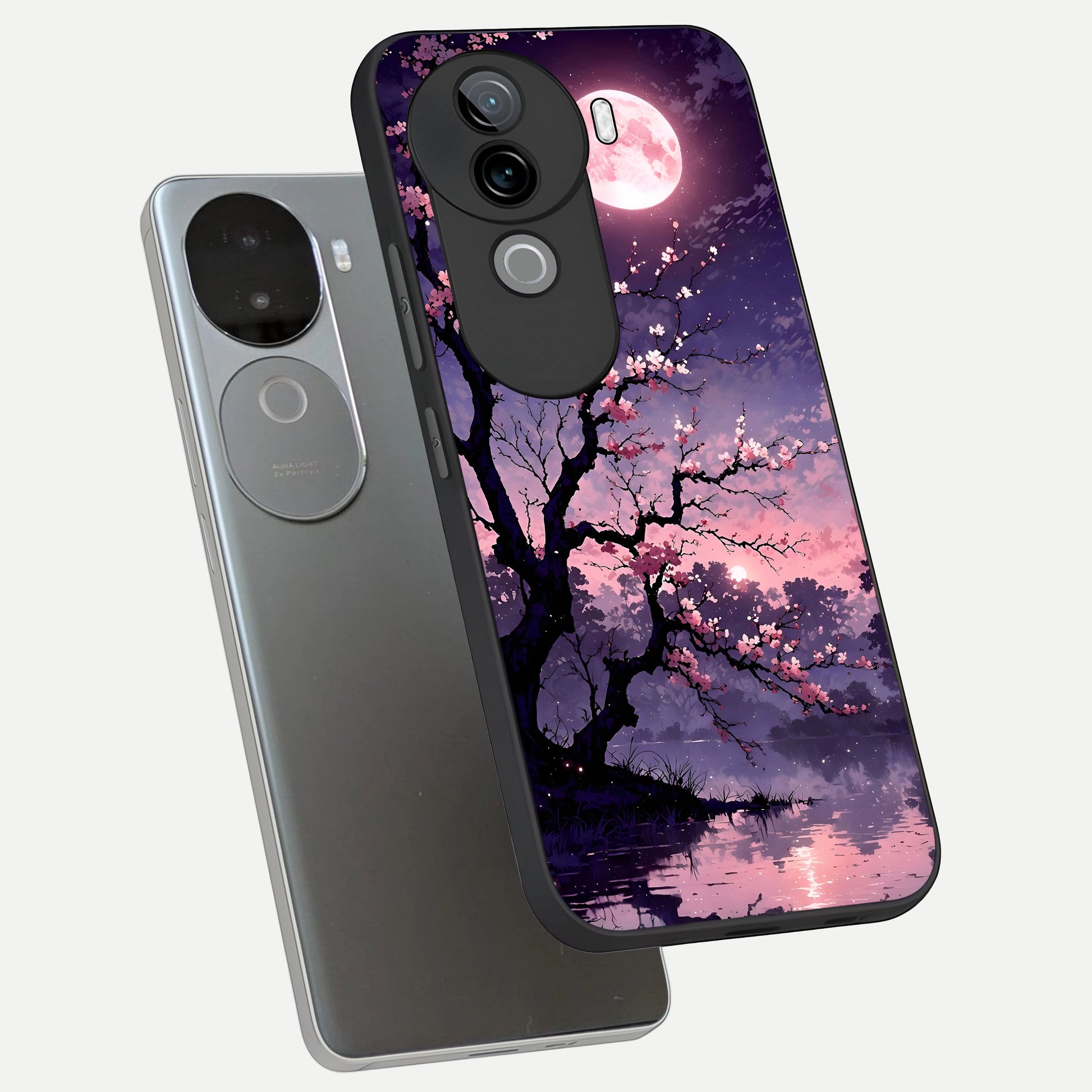  Blossom Pink Moon phone case for iQOO Z9s showing premium glass back cover with detailed artwork