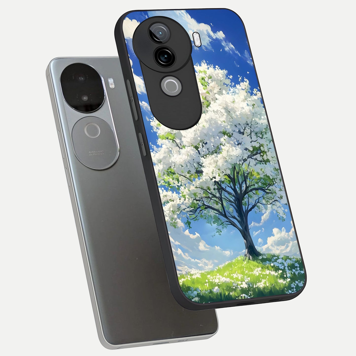  Blossom Sky Serenity phone case for iQOO Z9s showing premium glass back cover with detailed artwork