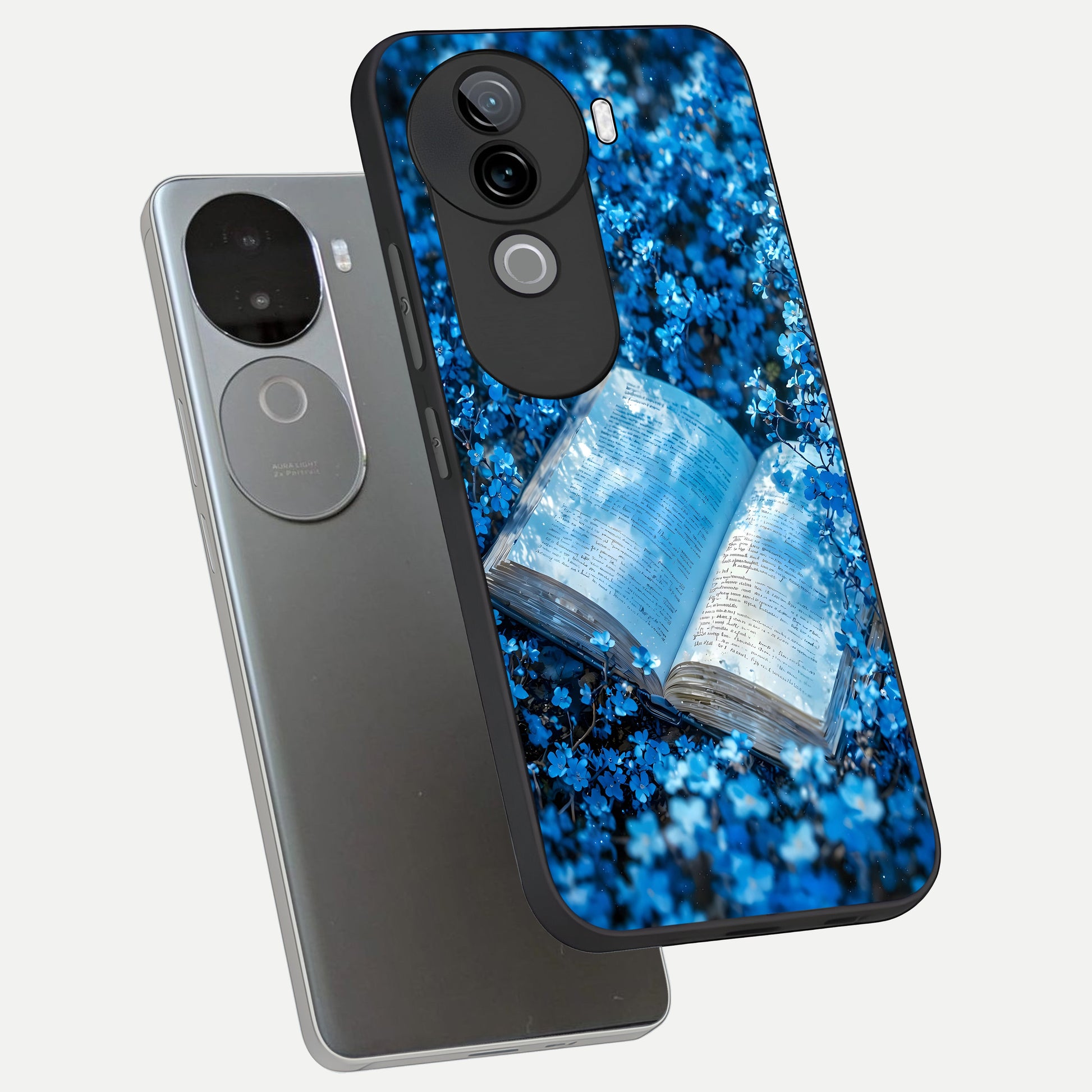  Blue Bloom Tales phone case for iQOO Z9s showing premium glass back cover with detailed artwork
