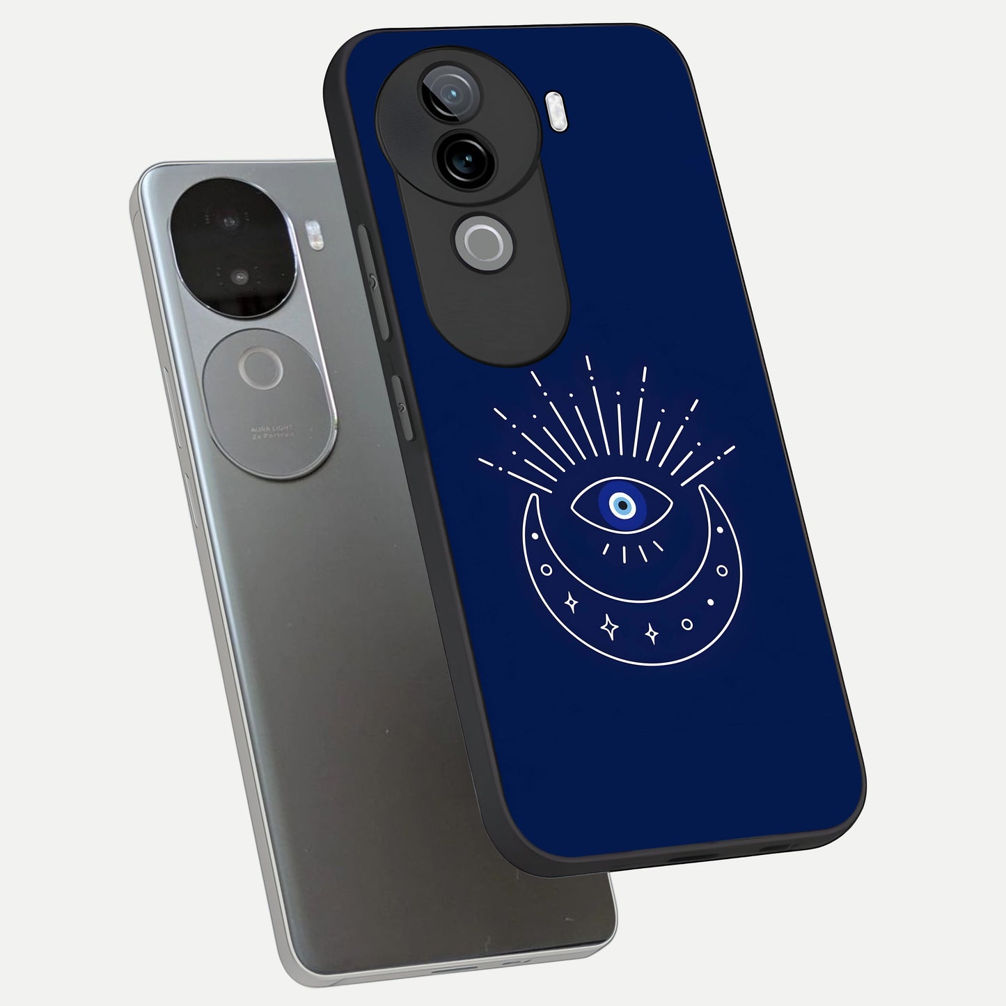  Blue Evil Eye phone case for iQOO Z9s showing premium glass back cover with detailed artwork
