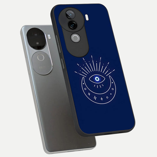  Blue Evil Eye phone case for iQOO Z9s showing premium glass back cover with detailed artwork