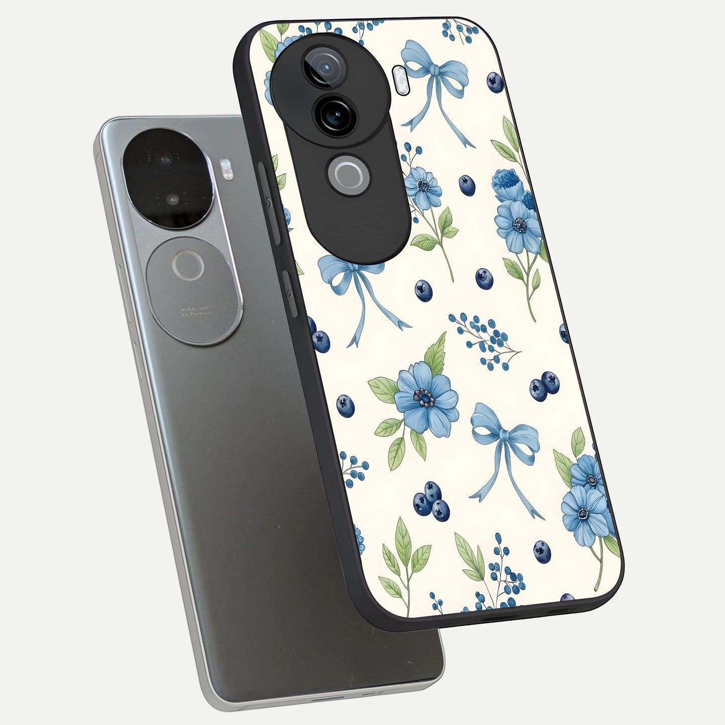 Blue Flower And Bow phone case for iQOO Z9s showing premium glass back cover with detailed artwork